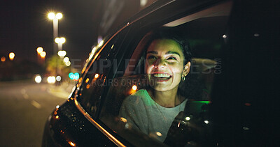 Buy stock photo Happy, tablet and businesswoman in car at night in city with networking, email or communication. Smile, technology and female person checking project with deadline in vehicle with commute in town.