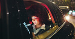 Happy, travel and businesswoman in car at night in city with technology for networking with email. Smile, contact and female person checking project with deadline in vehicle with commute in town.