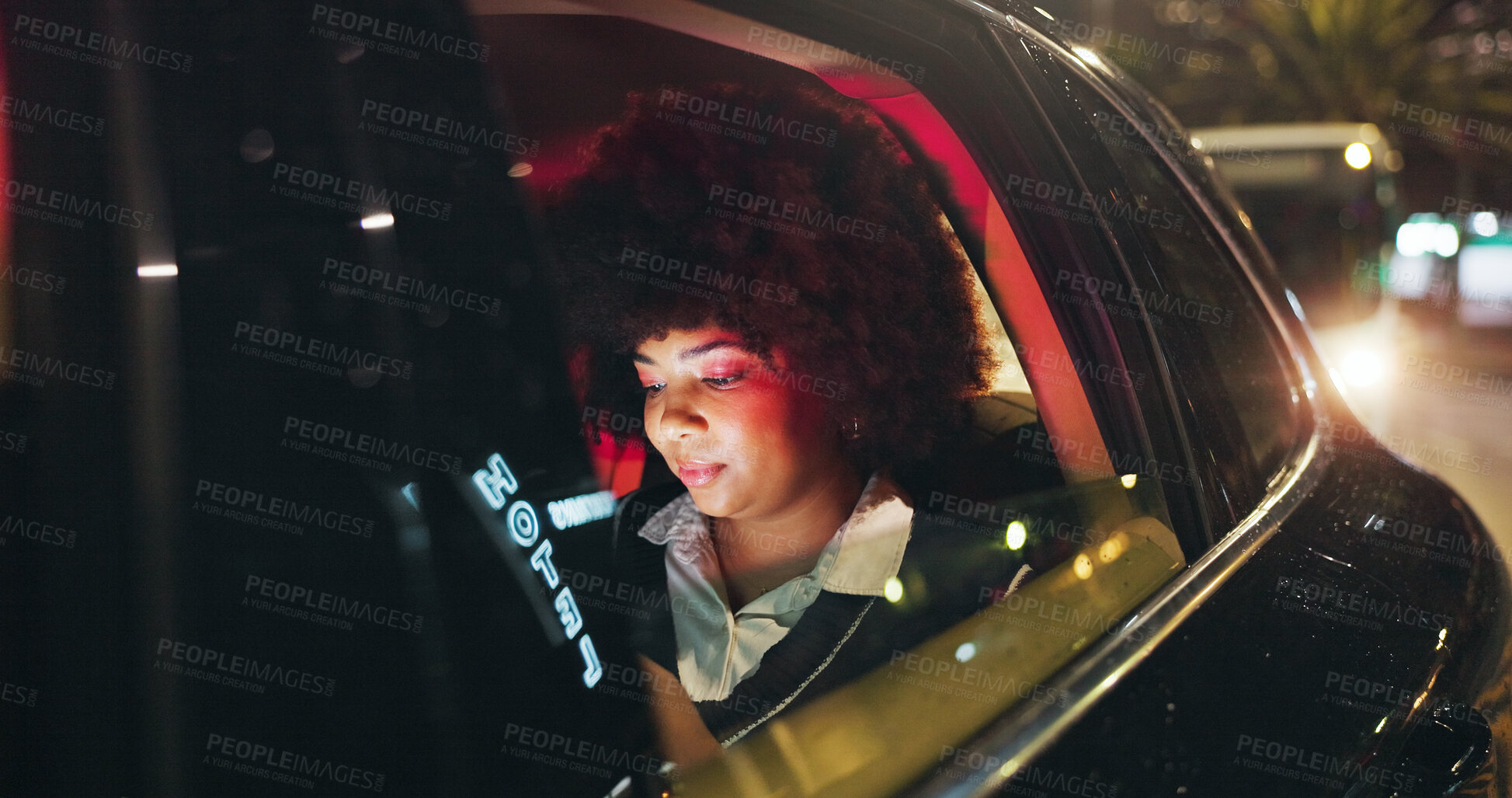 Buy stock photo Happy, travel and businesswoman in car at night in city with technology for networking with email. Smile, contact and female person checking project with deadline in vehicle with commute in town.