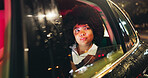 Thinking, travel and night with woman in taxi cab for reflection, journey and memory. Vision, perspective and overtime shift with female person in car for traffic jam, transportation and vehicle