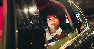 Buy stock photo Thinking, travel and night with woman in taxi cab for reflection, journey and memory. Vision, perspective and overtime shift with female person in car for traffic jam, transportation and vehicle