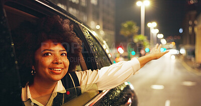Buy stock photo African woman, freedom and window of car for travel, sightseeing city and tourism at night. Happy, passenger and thinking in vehicle for fresh air, adventure trip and urban view for evening journey