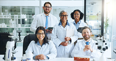 Buy stock photo Science, portrait and team in lab with smile, pride or experience in genetic engineering. Medical, collaboration or biotechnologist in clinic with confidence, about us or group work in pathogen study