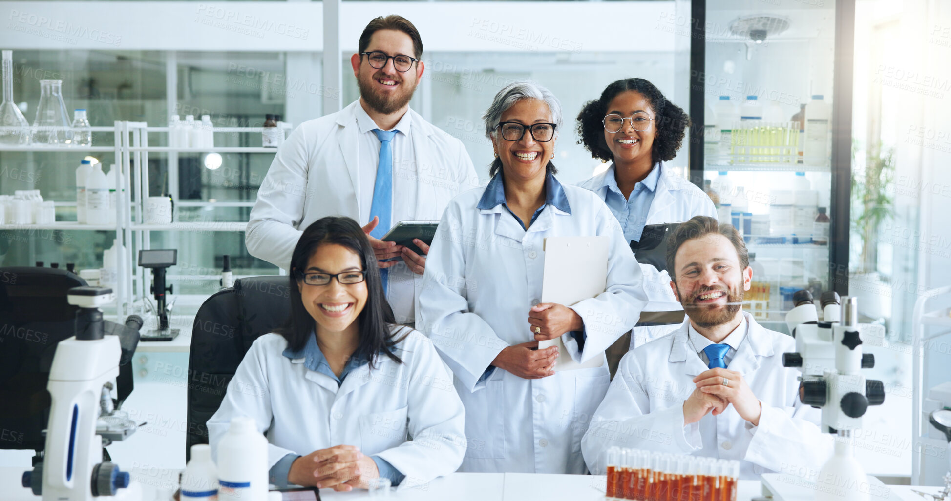 Buy stock photo Science, portrait and team in lab with smile, pride or experience in genetic engineering. Medical, collaboration or biotechnologist in clinic with confidence, about us or group work in pathogen study