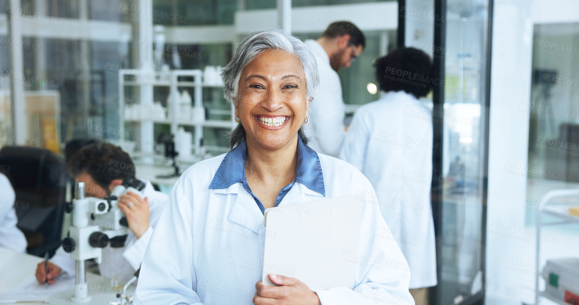 Buy stock photo Science, portrait and mature woman in lab with smile, career pride or experience in genetic research. Medical, coworking or biotechnologist in clinic with confidence, about us or work in pathology.