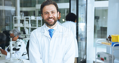 Buy stock photo Science, portrait and man in lab with smile, career pride or experience in genetic engineering. Medical, coworking or biotechnologist in clinic with confidence, about us or work in pathology research