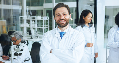 Buy stock photo Science, portrait and man in lab with arms crossed, career pride or experience in genetic engineering. Medical, coworking or biotechnologist in clinic with confidence, about us and work in pathology.