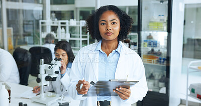 Buy stock photo Clipboard, portrait and science with woman in laboratory for medical or pharmaceutical research. Checklist, data and paperwork with serious scientist at work on clinical trial results or review