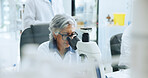 Microscope, medical research and woman in lab, genetics test and pharmaceutical study. Mature person, innovation and scientist with equipment, microbiology or vaccine development with bacteria