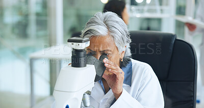 Buy stock photo Analysis, science or mature woman with microscope in lab, study sample or experiment for pathology. Medical test, discover cure or scientist with trial to monitor chemical reaction, virus or research