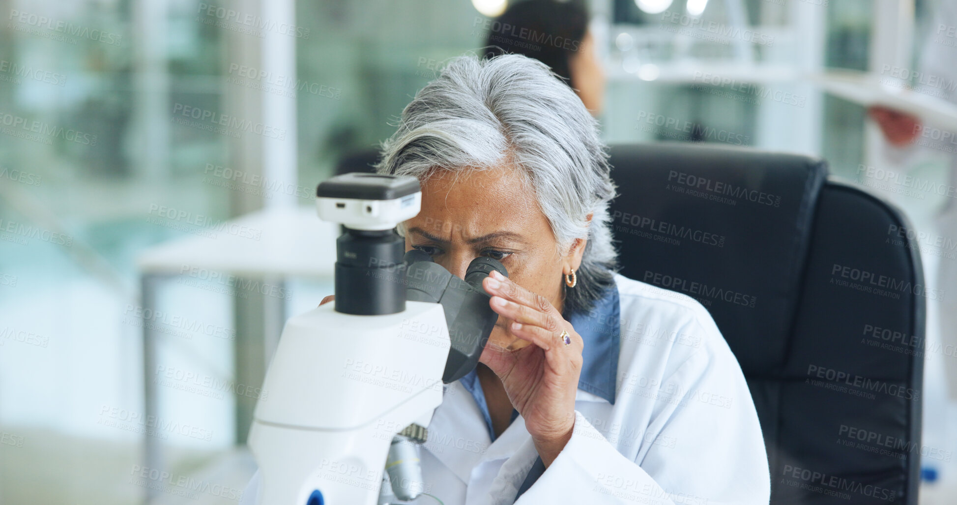 Buy stock photo Analysis, science or mature woman with microscope in lab, study sample or experiment for pathology. Medical test, discover cure or scientist with trial to monitor chemical reaction, virus or research