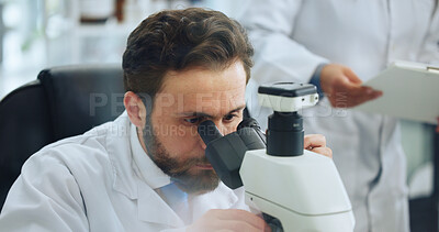 Buy stock photo Analysis, science or man with microscope in laboratory, study sample or experiment for pathology. Medical test, discover cure or scientist with trial to monitor chemical reaction, virus or research