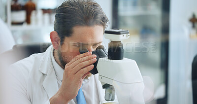 Buy stock photo Science, medical research and man in workplace, microscope and sample analysis. Person, genetics test and scientist in lab, equipment or vaccine development with particles, DNA experiment or solution