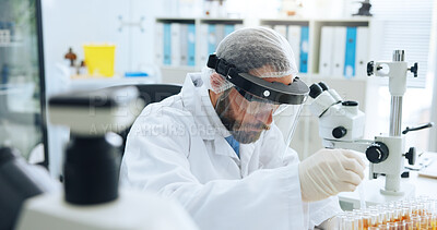 Buy stock photo Science, PPE or man with microscope in lab, blood sample analysis or experiment evaluation for pathology. Medical test,  research or scientist with trial to monitor chemical reaction, virus or pharma