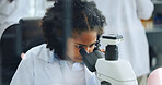 Science, experiment and woman in lab, microscope or medical research for forensics test. Person, equipment or scientist with sample analysis, bacteria or vaccine development with solution or particle