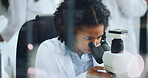 Analysis, science or woman with microscope in lab, study virus sample or experiment for pathology. Medical cure, research or scientist with trial to monitor chemical reaction, pharma test or bokeh