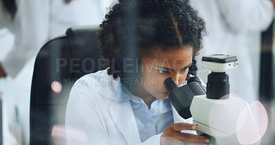 Buy stock photo Analysis, science or woman with microscope in lab, study virus sample or experiment for pathology. Medical cure, research or scientist with trial to monitor chemical reaction, pharma test or bokeh
