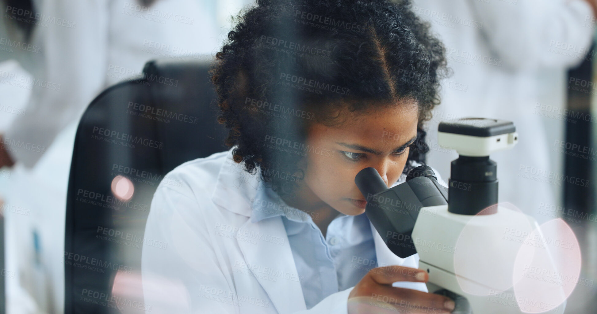 Buy stock photo Analysis, science or woman with microscope in lab, study virus sample or experiment for pathology. Medical cure, research or scientist with trial to monitor chemical reaction, pharma test or bokeh