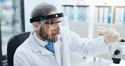 Buy stock photo PPE, sample and science with man in laboratory for development, investigation or medical research. Analysis, container and visor with doctor at work on chemical reaction, clinical trial or experiment