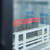 Dna Sample Container Science, tube and vial with blood in fridge for biotech, dna ...