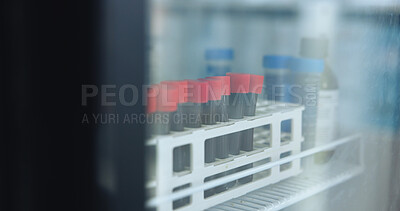 Buy stock photo Science, tube and vial with blood in fridge for biotech, dna investigation and medical research. Container, sample and liquid in freezer for genetic testing, stem cell innovation or scientific study.