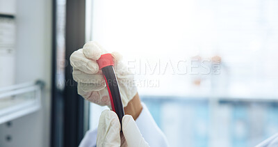 Buy stock photo Blood sample, hands and science with person in laboratory for medical development or research. DNA, pharmaceuticals and test tube with scientist on work for clinical trial or investigation results