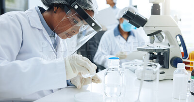 Buy stock photo Beaker, experiment and science with woman in laboratory for medical development or research. Chemical reaction, observation and pouring with doctor at work on clinical trial for investigation