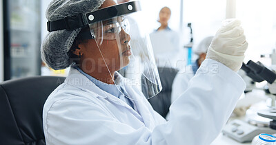 Buy stock photo Sample, science and visor with woman in laboratory for development, investigation or medical research. Analysis, observation and PPE with doctor at work on chemical reaction or clinical trial