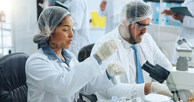 Buy stock photo Woman, scientist and test tube with experiment at lab for medical research, chemical and ppe with gloves. Person, container and safety equipment for pharma study with vaccine development for virus