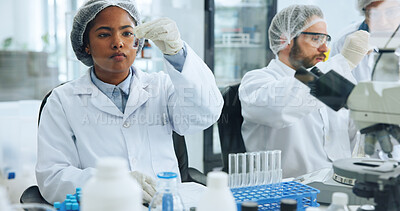 Buy stock photo Blood sample, research and analysis with woman in lab for pathology test, forensic exam and medical report. Dna enzyme culture, investigation and review with scientists in clinic for healthcare
