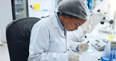 Buy stock photo DNA, writing and science with woman in laboratory for medical development or research. Blood sample, notebook and observation with doctor at work on clinical trial, investigation or pharmaceuticals