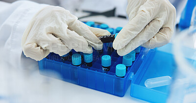 Buy stock photo Blood sample, hands and science with doctor in laboratory for medical development or research. DNA, pharmaceuticals and test tube with person at work for clinical trial or investigation results