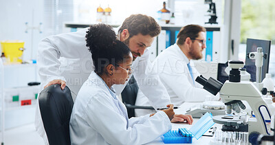 Buy stock photo Blood sample, collaboration and science with people in laboratory together for medical research. Discussion, DNA and pharmaceuticals with scientist team at work on clinical trial or investigation