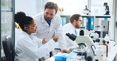 Buy stock photo Pathology, science or people with results in lab, check virus sample or pointing for experiment evaluation. Medical, scientist or team with research report for disease, collaboration or vaccine trial
