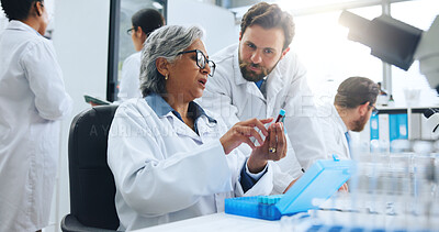 Buy stock photo People, scientist and vial with blood sample for exam, text or experiment for medical research. Woman, man or scientific team with DNA for forensic investigation, diagnosis or genetic analysis in lab