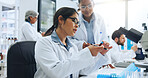 Woman, scientist and vial with blood sample for exam, text or experiment for medical research. Female person, scientific team or DNA with forensic investigation, diagnosis or genetic analysis in lab