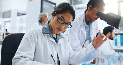 Buy stock photo Science, blood sample or woman in clinic with notes, biology or dna investigation for pharmaceutical study. Medical, flare or researcher in lab with writing, analysis or coworking with fluid exam.