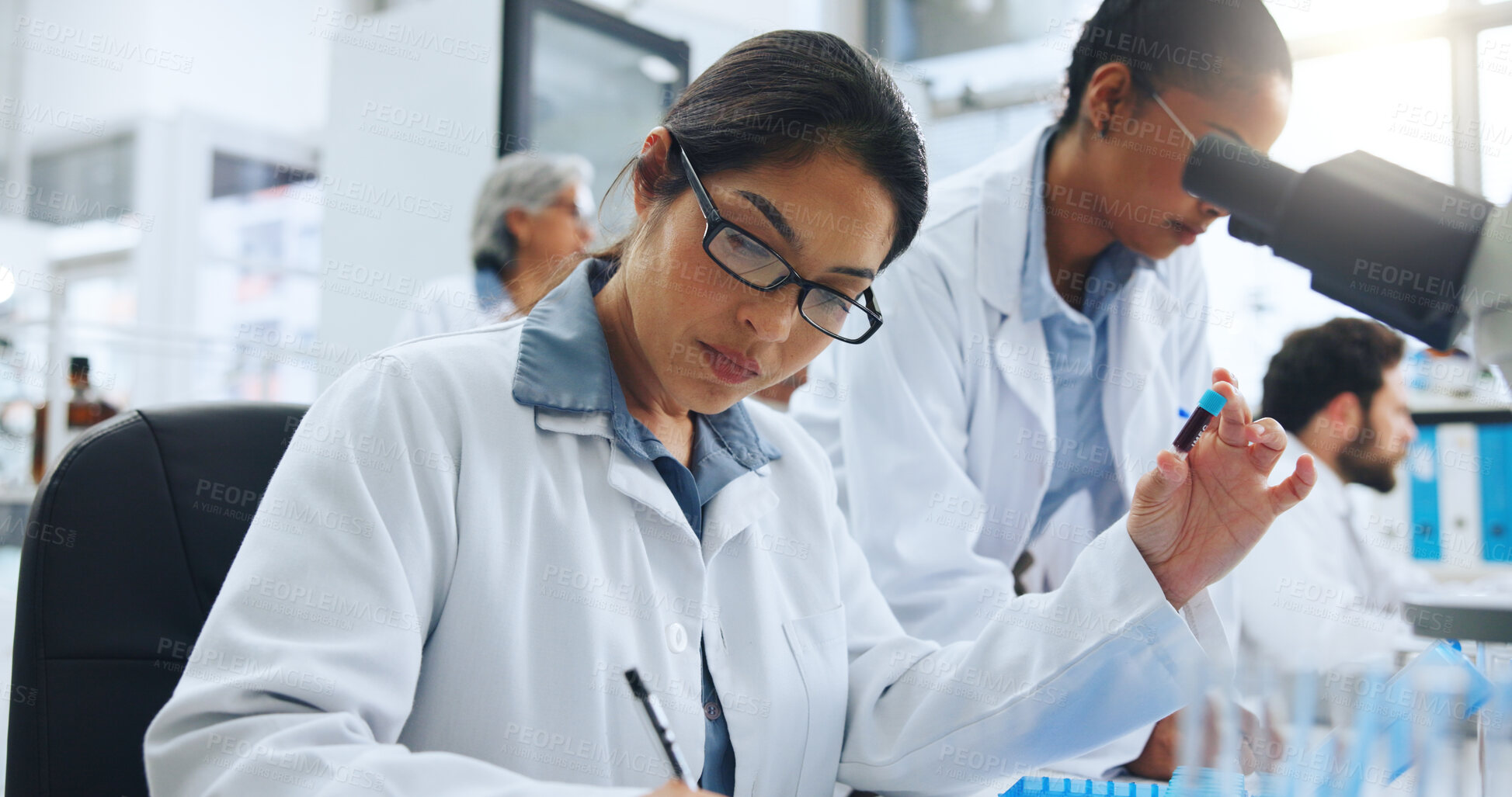 Buy stock photo Science, blood sample or woman in clinic with notes, biology or dna investigation for pharmaceutical study. Medical, flare or researcher in lab with writing, analysis or coworking with fluid exam.