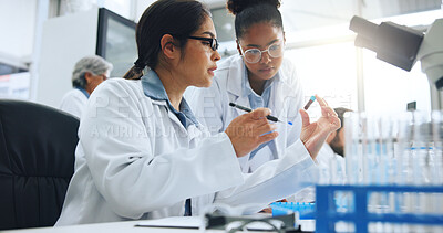 Buy stock photo Blood sample, discussion and science with people in laboratory together for medical research. Collaboration, DNA and pharmaceuticals with scientist team at work on clinical trial or investigation