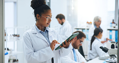Buy stock photo Scientist, woman and tablet in laboratory for development, medical research or innovation. Science, technology and person with experiment report, pharmaceutical review or study with test feedback