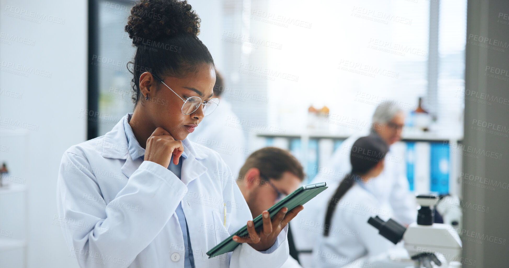 Buy stock photo Scientist, think and woman with tablet in laboratory for development, medical research or innovation. Science, technology and person planning experiment, reading report and problem solving with idea