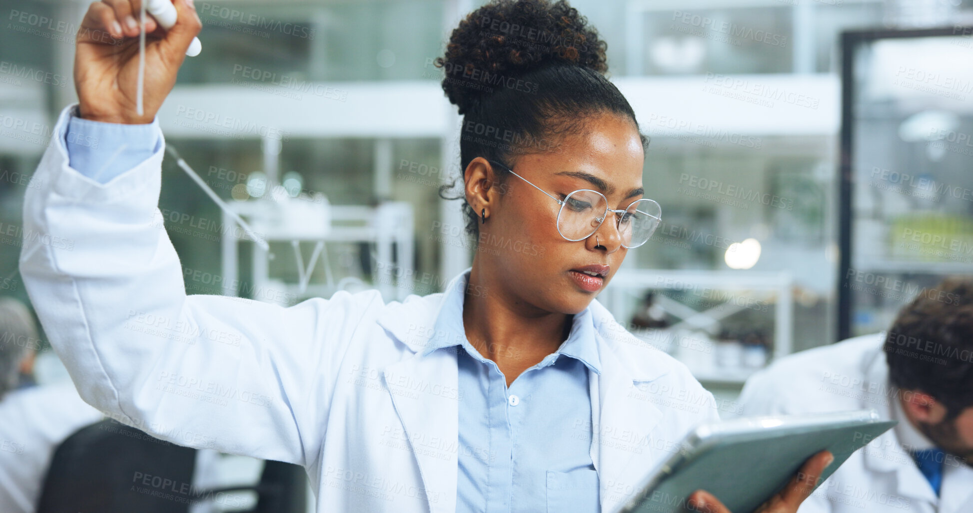 Buy stock photo Glass wall, medical research and woman with tablet, science and experiment with digital report. Person, employee and scientist in lab, biotech and brainstorming equation with sample analysis and app