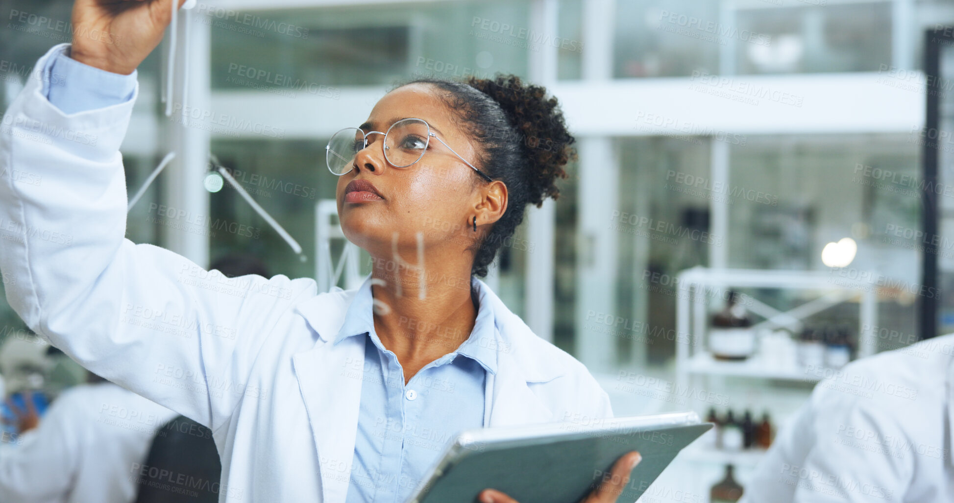 Buy stock photo Woman, scientist and writing on glass with tablet for research, molecule structure and formula. Person, notes and diagram with digital for chemical compound, medical observation and equation in lab