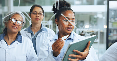 Buy stock photo Science, glass wall and people in lab with tablet, collaboration or notes for pharmaceutical study. Medical, team or researcher in clinic with board, problem solving or analysis in dna investigation.