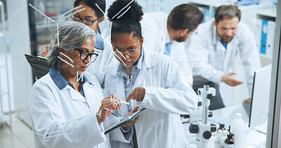 Buy stock photo Tablet, formula and team with people in lab for chemical structure, medical drug trail and research. Brainstorming, vaccine molecule and amino acids equation with scientists and glass window