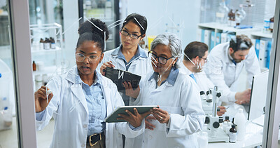 Buy stock photo Science, glass wall and team in lab with tablet, collaboration and notes for genetic study. Medical, support and researcher in clinic with writing board, problem solving and analysis of dna formula.