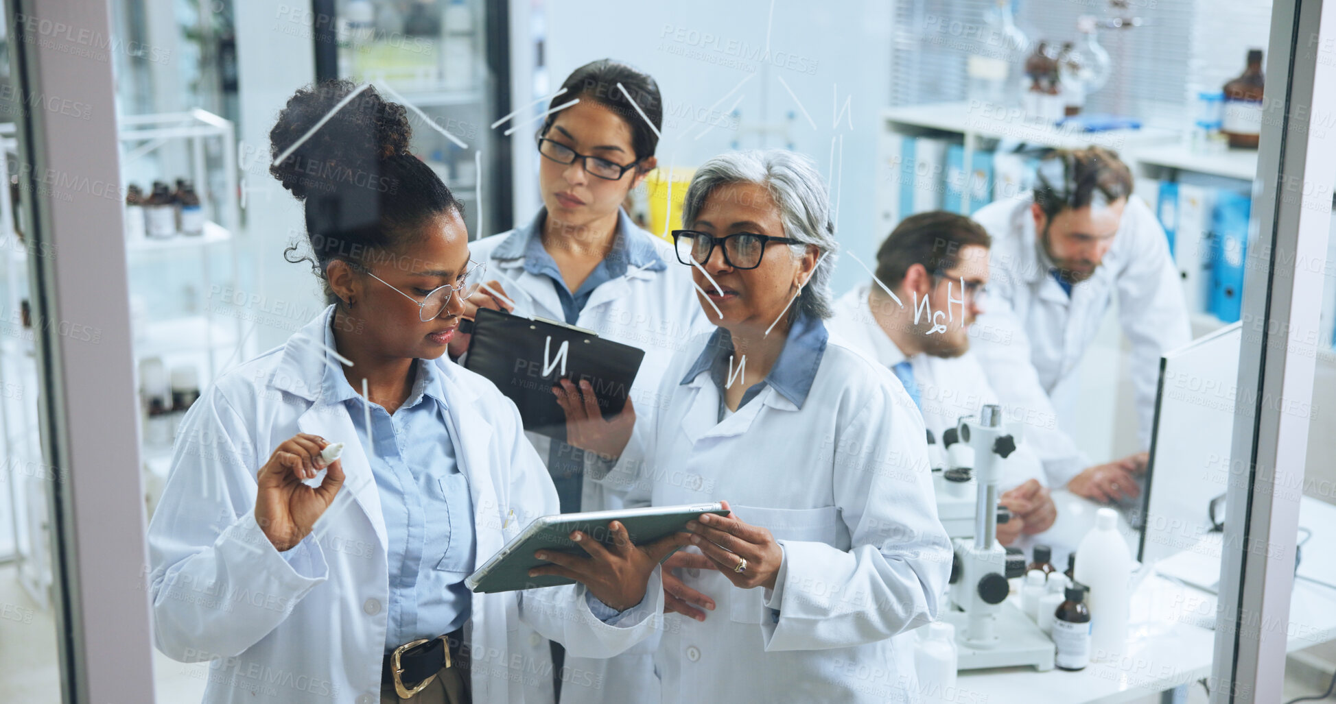 Buy stock photo Tablet, formula and writing with people in lab for chemical structure, medical drug trail and research. Brainstorming, vaccine molecule and amino acids equation with scientists for healthcare