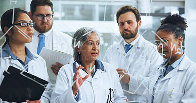 Buy stock photo Glass, formula and team with people in lab for chemical structure, medical drug trail and research. Brainstorming, vaccine molecule and amino acids equation with scientists in clinic for healthcare