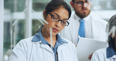 Buy stock photo Wall, formula and team with woman in lab for chemical structure, medical drug trail and research. Brainstorming, vaccine molecule and amino acids equation with scientists in clinic for healthcare