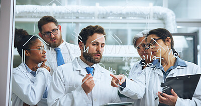 Buy stock photo Glass wall, medical research and people with tablet, science and brainstorming for DNA experiment. Ideas, employees or scientist in lab, biotech and genetics test equation with sample analysis or app
